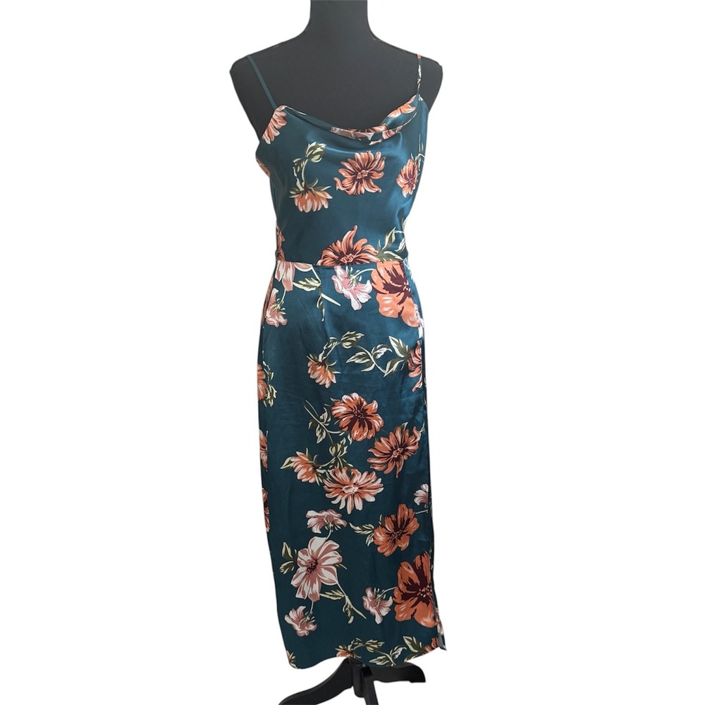 SHEIN Womens Floral Satin Cowl Neck Midi Slip Dress S Floral Resort Date